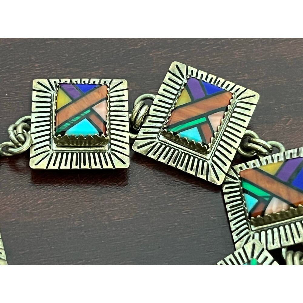 VTG QT Quoc Sterling Silver Mosaic Inlay Bracelet AS IS Tribal Southwestern - Picture 5 of 8